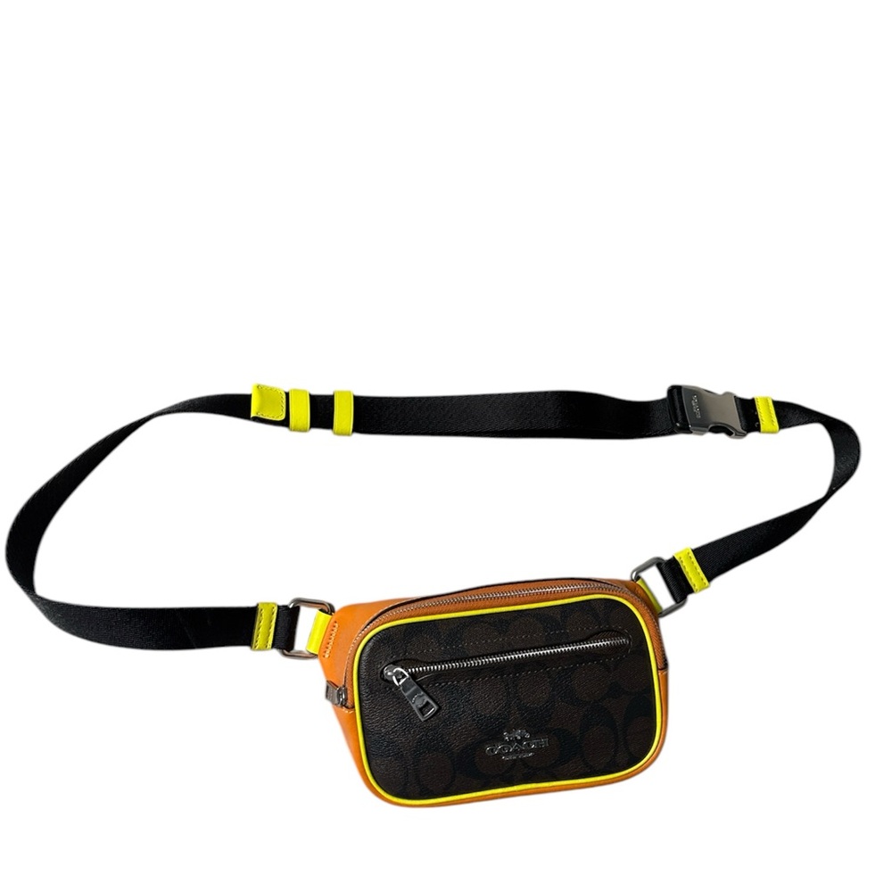 Coach Men's Black and Orange Belt Bag signature design
